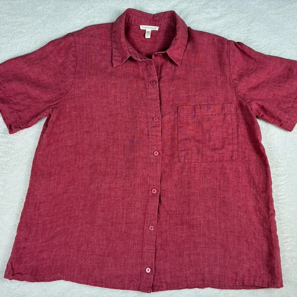 Eileen Fisher Linen Short Sleeve Button Down Shirt S Berry